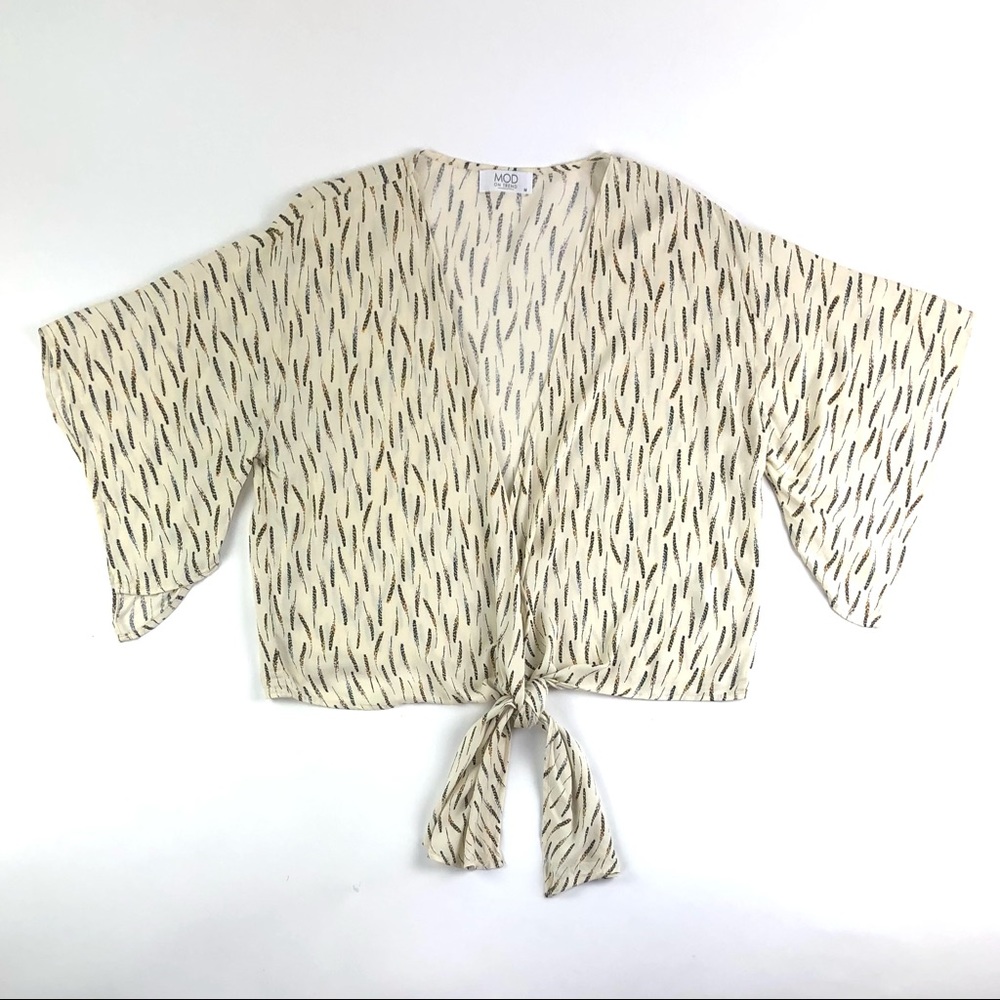 MOD Boutique Feather Print Wrap Tie Bell Sleeve Blouse